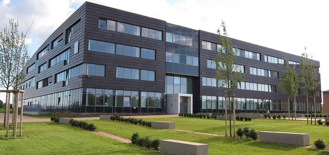 European University of Flensburg main campus with modern academic buildings and green surroundings near the Flensburg Fjord, Germany