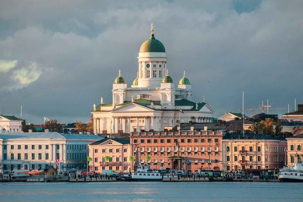 Helsinki Cathedral above Senate Square in Helsinki, Finland, at sunset