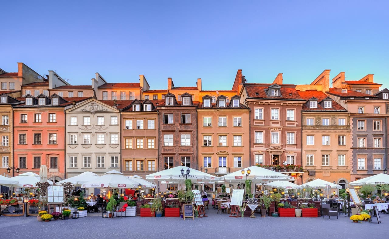 Colourful historic houses around the Old Town Market Square in Warsaw, Poland