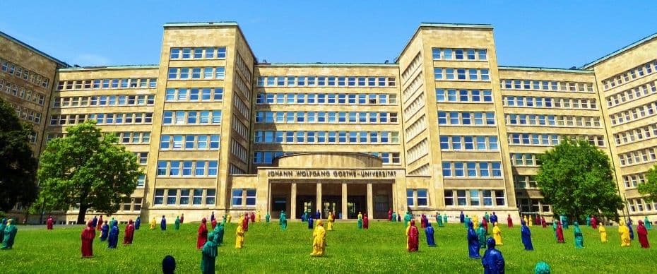 Campus view of Johann Wolfgang Goethe University, Frankfurt am Main, showing modern buildings and green spaces
