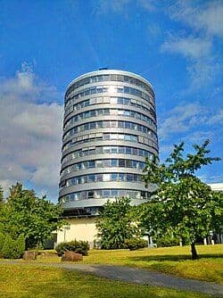 Campus view of Rhineland-Palatinate Technical University of Kaiserslautern-Landau showing modern buildings and green spaces