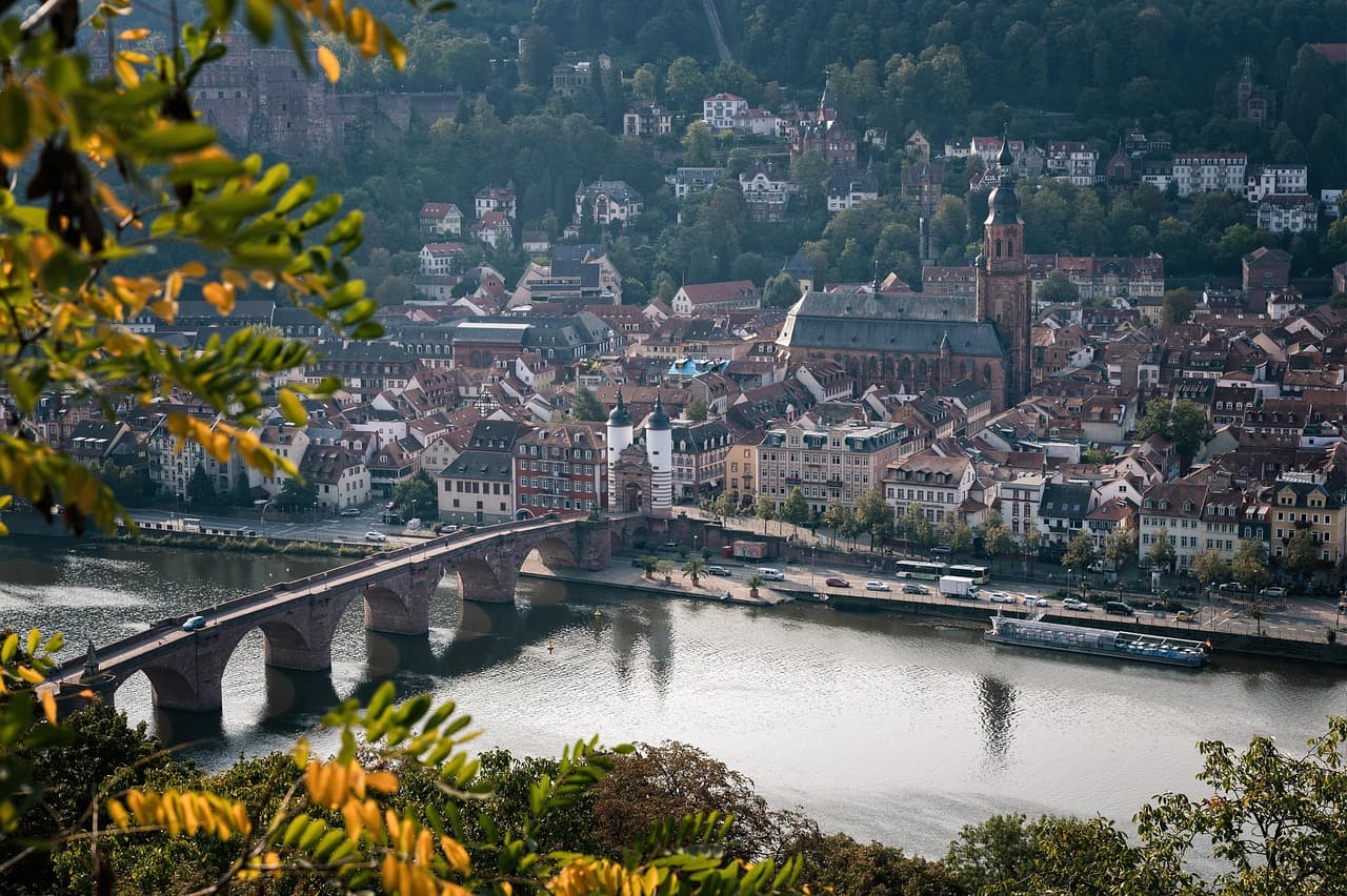 Heidelberg old town and the Old Bridge over the Neckar river in Germany
